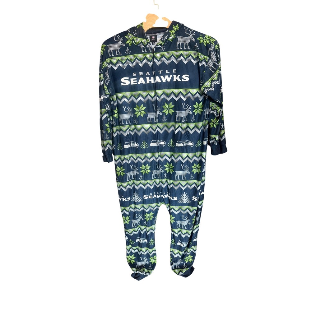 NFL Team Apparel Seattle Seahawks Union Suit Unisex XL Blue Fair Isle Hooded PJs
